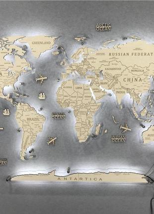 Деревянная 3d карта мира с led подсветкой.