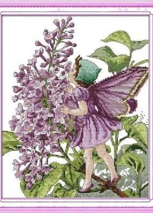 Набор для вышивания по нанесённой на канву схеме "lilac purple flower fairy". aida 14ct printed 31*36 см