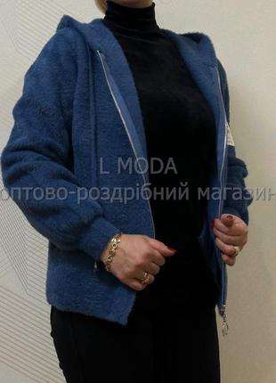 Женская кофта на замке с капюшоном альпака цвета джинс1 фото