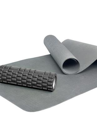 Набір для йоги та фітнесу килимок evapuzzle 180х60х0.3 см + масажний ролик 30х10 см, валик для масажу спини мфр рол g/b