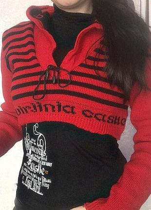 Женский свитер двойка {кофта} красный - чёрный в полоску/полосочку с капюшоном1 фото