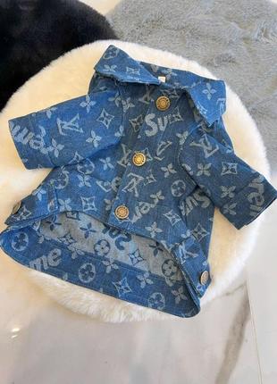 Брендова джинсова курточка для собак louis vuitton supreme з білими логотипами, блакитний