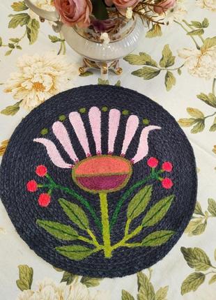 Джутовый коврик декорированный цветок двусторонний