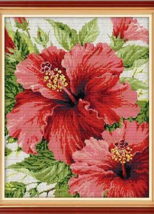 Набор для вышивания по нанесённой на канву схеме "red hibiscus flower". aida 14ct printed 36*44 см