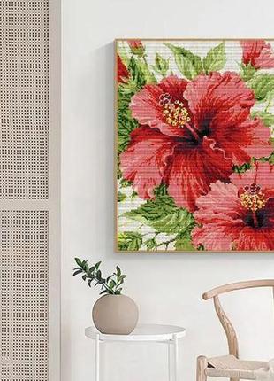 Набор для вышивания по нанесённой на канву схеме "red hibiscus flower". aida 14ct printed 36*44 см10 фото