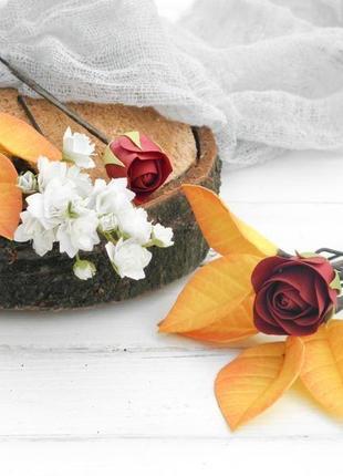 Осенние шпильки с цветами рoз и гипсофилы, осенняя заколка, цветы в прическу невесты4 фото
