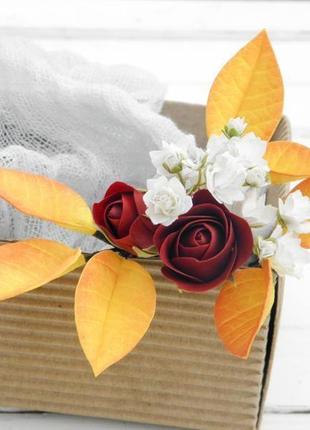 Осінні шпильки з квітами троянд і гіпсофіли, осіння шпилька, квіти в зачіску нареченої5 фото