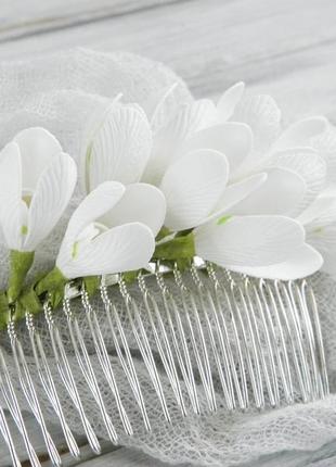 Гребень для волос с подснежниками, свадебный гребешок с цветами в прическу8 фото
