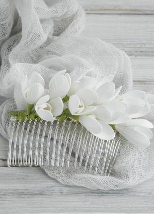 Гребень для волос с подснежниками, свадебный гребешок с цветами в прическу3 фото
