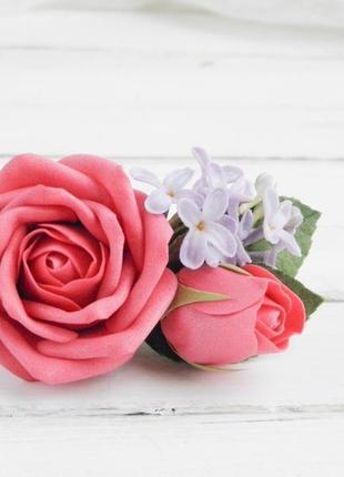 Шпилька для волосся з трояндами і бузком, весняна весільна шпилька з квітами5 фото