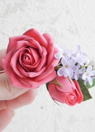 Шпилька для волосся з трояндами і бузком, весняна весільна шпилька з квітами8 фото