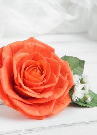 Заколка для волос с розой и гипсофилой, свадебная оранжевая заколка с цветами, подарок девушке2 фото