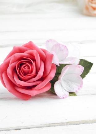 Красивая заколка с малиновой розой и гортензией в прическу, подарок девушке3 фото