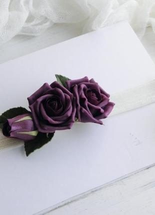 Красивая повязка с цветами, повязка для малышки с бордовыми розами3 фото