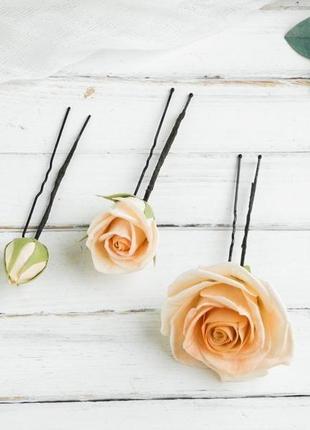 Шпильки для волос с цветами, персиковые розы в прическу для невесты4 фото