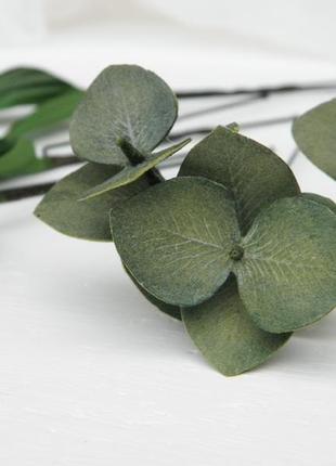 Шпильки з зеленим листям евкаліпта в зачіску нареченої, весільні шпильки6 фото