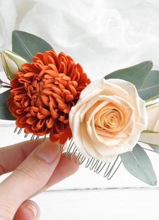 Гребінець для волосся з квітами, гребінець з трояндами, евкаліптом і хризантемою4 фото