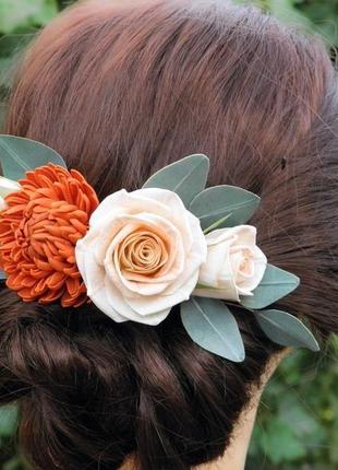 Гребінець для волосся з квітами, гребінець з трояндами, евкаліптом і хризантемою8 фото