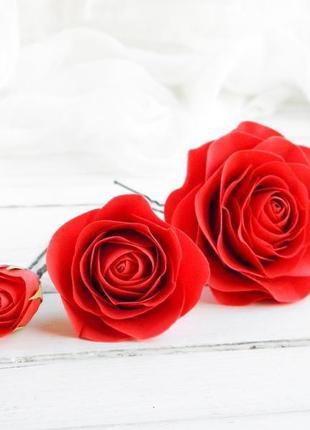 Шпильки для волос с красными розами, цветы в прическу для невесты4 фото