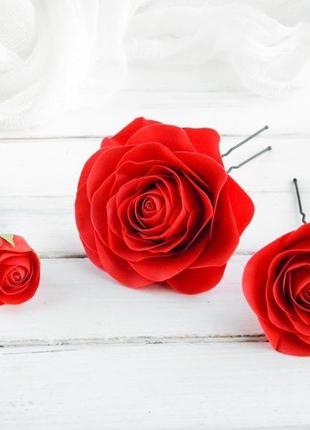 Шпильки для волос с красными розами, цветы в прическу для невесты5 фото