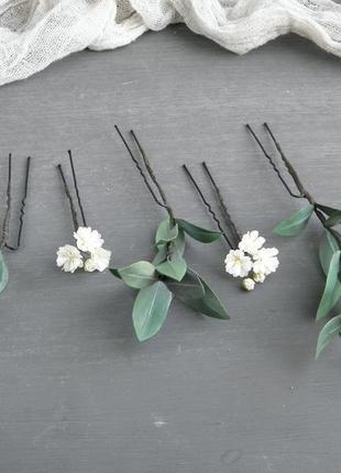 Набор шпилек с эвкалиптом и маленькими цветами гипсофилы3 фото