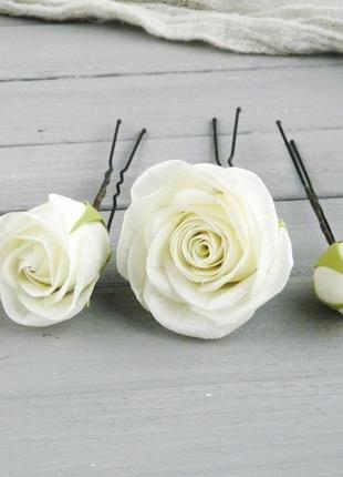 Шпильки с розами в прическу / свадебные шпильки айвори с цветами4 фото