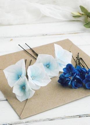 Шпильки с синими и голубыми цветами в прическу / подарок девушке2 фото