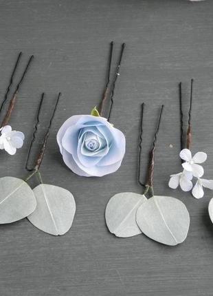 Шпильки для волосся з пудрово - блакитними квітами і листям евкаліпта8 фото