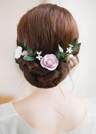 Шпильки для волос с пудрово-розовыми и белыми цветами и зеленью / свадебные шпильки с розами