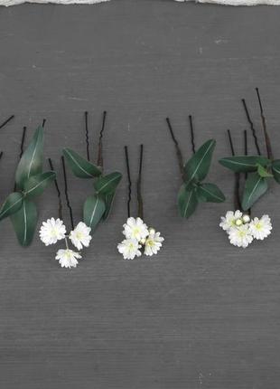 Шпильки с эвкалиптом и белыми цветами гипсофилы / шпильки для волос невесте3 фото