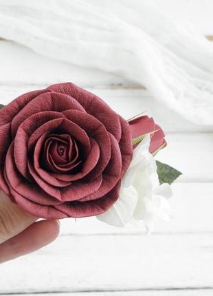Заколка з бордовою трояндою і гортензією / заколка з квітами весільна / гребінь для волосся4 фото