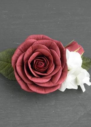 Заколка с бордовой розой и гортензией / заколка с цветами свадебная / гребень для волос3 фото