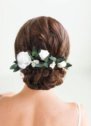 Свадебные шпильки для волос с белыми цветами / шпильки с розами и эвкалиптом1 фото