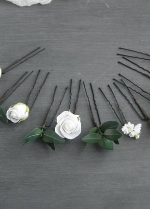 Свадебные шпильки для волос с белыми цветами / шпильки с розами и эвкалиптом2 фото