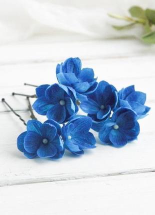 Шпильки с синими маленькими цветами в прическу невесте,  свадебные шпильки1 фото