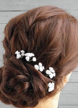Шпильки с белыми маленькими цветами / свадебные шпильки для волос с гипсофилой4 фото