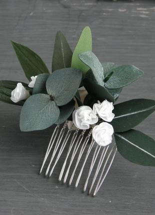 Гребінець для волосся з евкаліптом і маленькими білими квітами гіпсофіли / весільний гребінець6 фото