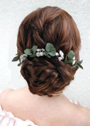 Шпильки с цветами гипсофилы и эвкалиптом свадебные шпильки для волос4 фото