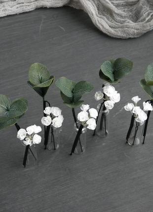 Шпильки з квітами гіпсофіли і евкаліптом весільні шпильки для волосся3 фото