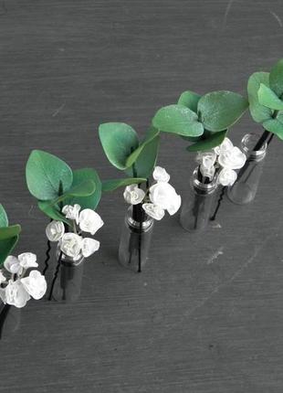 Шпильки з квітами гіпсофіли і евкаліптом весільні шпильки для волосся2 фото