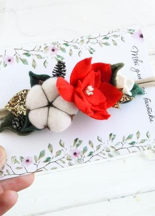 Новогодняя повязка для девочки с хлопком и цветами праздничный венок девочке
