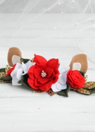Повязка ушки оленя для девочки нарядная новогодняя повязка венок для малышки