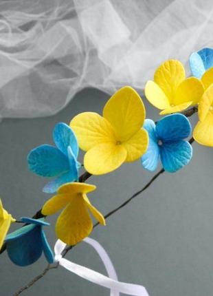Патріотичний жовто-блакитний віночок з квітами гортензіями вінок для волосся6 фото