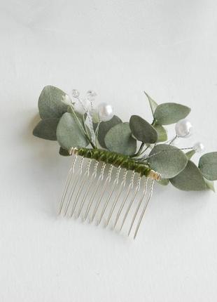 Гребінець для волосся з евкаліптом та квітами гіпсофіли весільний гребінь10 фото