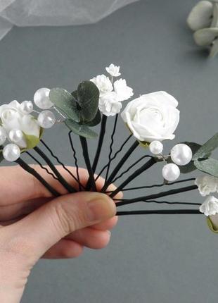Шпильки з квітами у зачіску шпильки з евкаліптом і трояндами6 фото