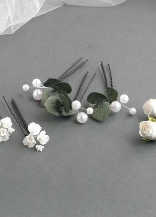 Шпильки з квітами у зачіску шпильки з евкаліптом і трояндами3 фото