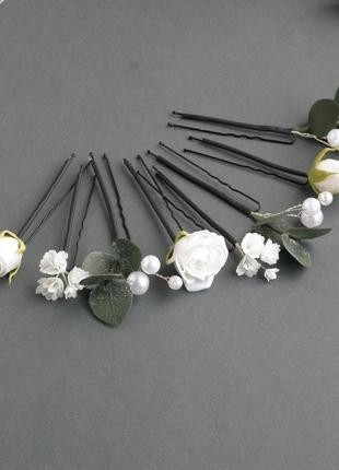 Шпильки з квітами у зачіску шпильки з евкаліптом і трояндами7 фото