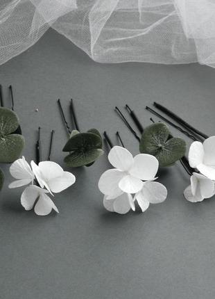 Шпильки для волосся з білою гортензією та евкаліптом весільні шпильки з квітами5 фото