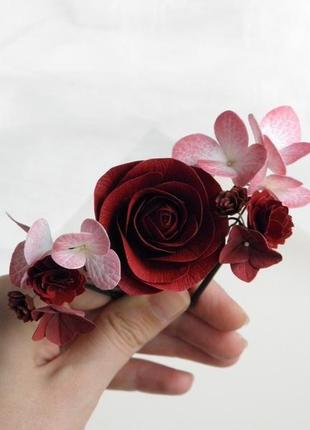 Шпильки з квітами у зачіску бордові шпильки з трояндами2 фото