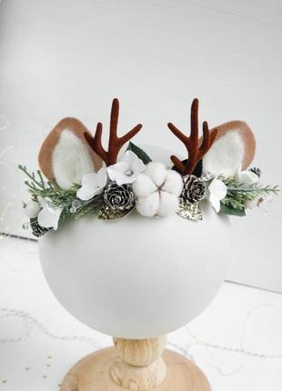Вушка і ріжки оленятка з бавовною новорічний вінок для дівчинки обручик пов'язка для фотосесії
